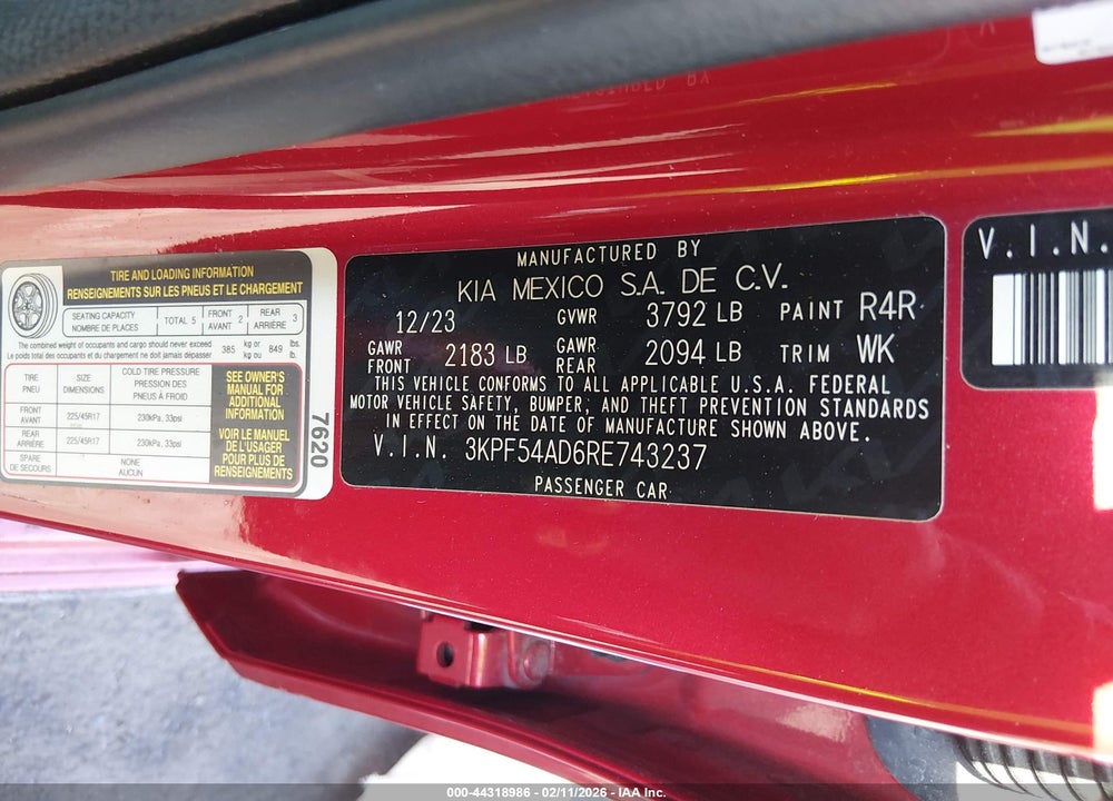 2024 KIA FORTE GT-LINE VIN: 3KPF54AD6RE743237