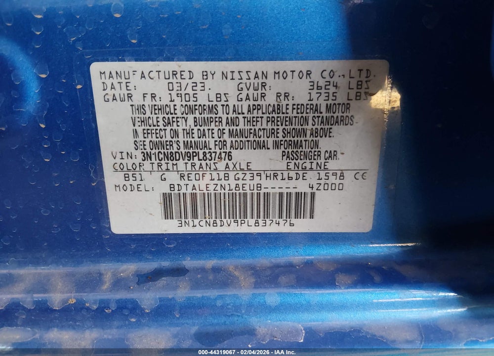 2023 NISSAN VERSA 1.6 S XTRONIC CVT VIN: 3N1CN8DV9PL837476