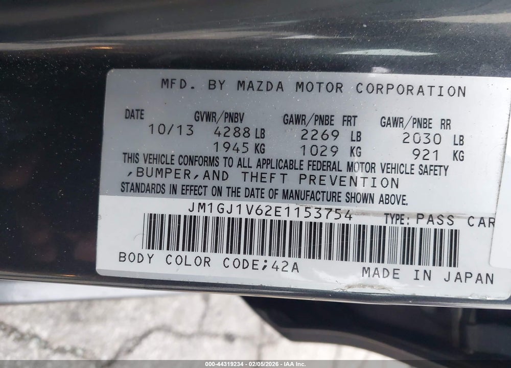 2014 MAZDA 6 I TOURING VIN: JM1GJ1V62E1153754