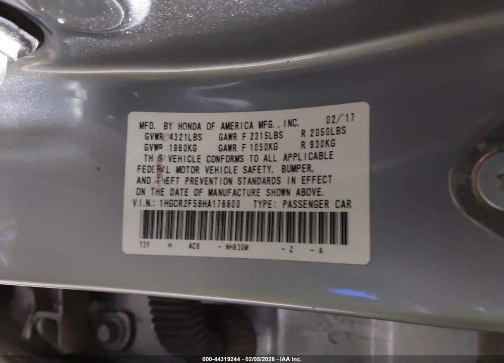 2017 HONDA ACCORD SPORT VIN: 1HGCR2F58HA178800
