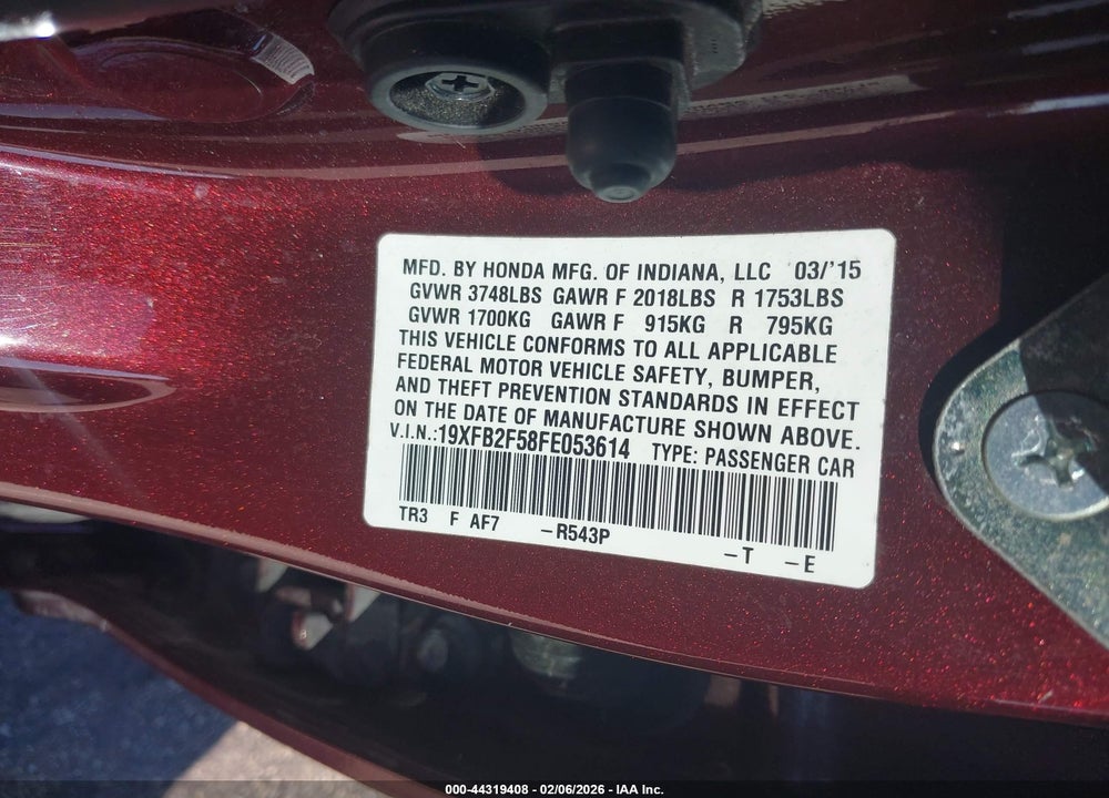 2015 HONDA CIVIC LX VIN: 19XFB2F58FE053614