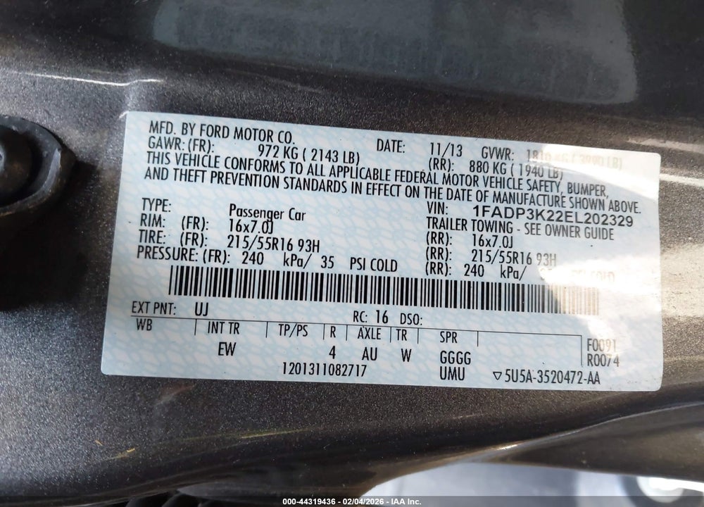 2014 FORD FOCUS SE VIN: 1FADP3K22EL202329