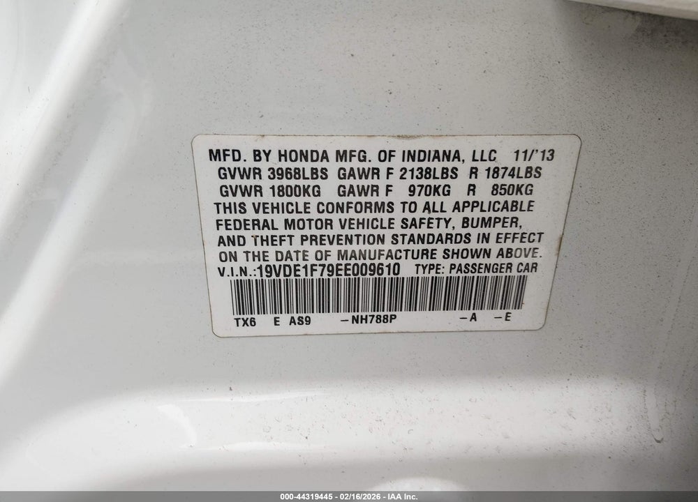 2014 ACURA ILX 2.0L VIN: 19VDE1F79EE009610
