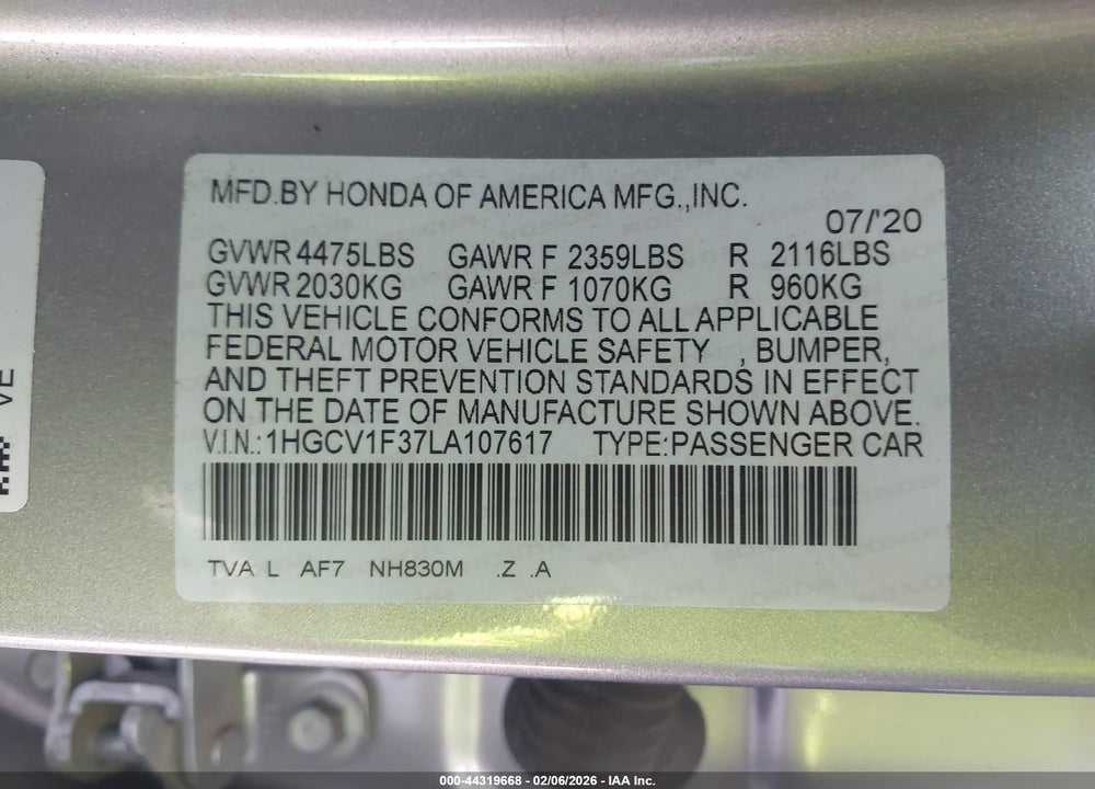 2020 HONDA ACCORD SPORT VIN: 1HGCV1F37LA107617
