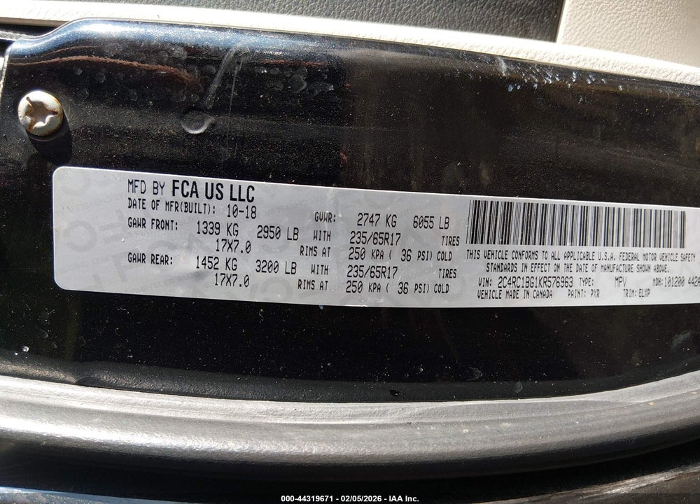 2019 CHRYSLER PACIFICA TOURING L VIN: 2C4RC1BG1KR576963