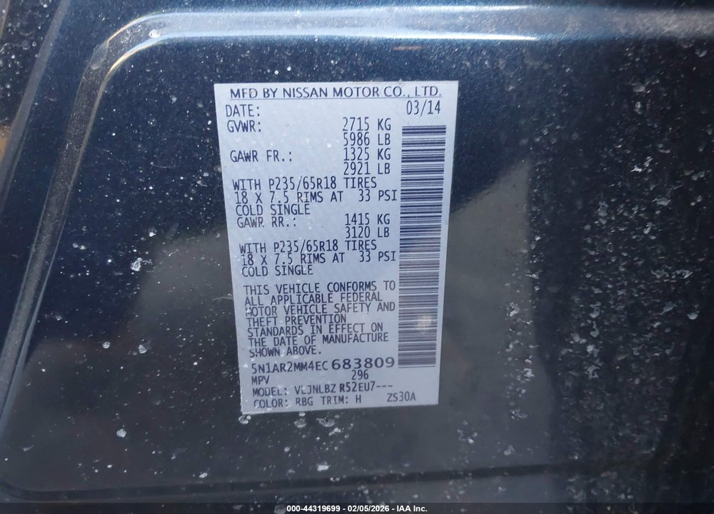 2014 NISSAN PATHFINDER S VIN: 5N1AR2MM4EC683809