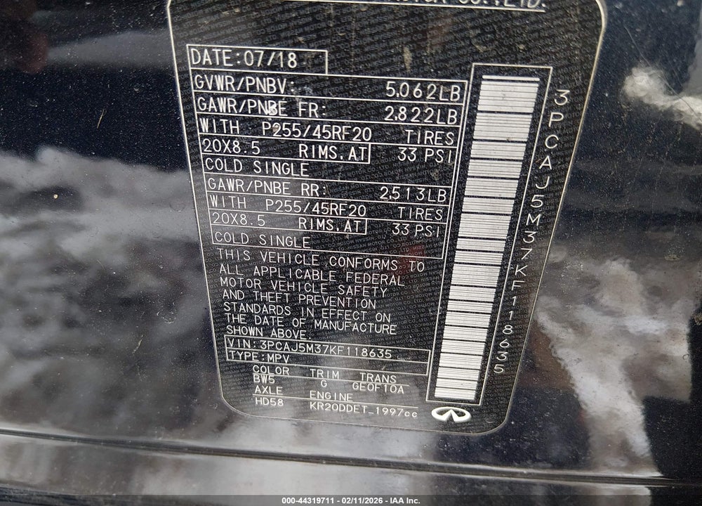 2019 INFINITI QX50 ESSENTIAL VIN: 3PCAJ5M37KF118635
