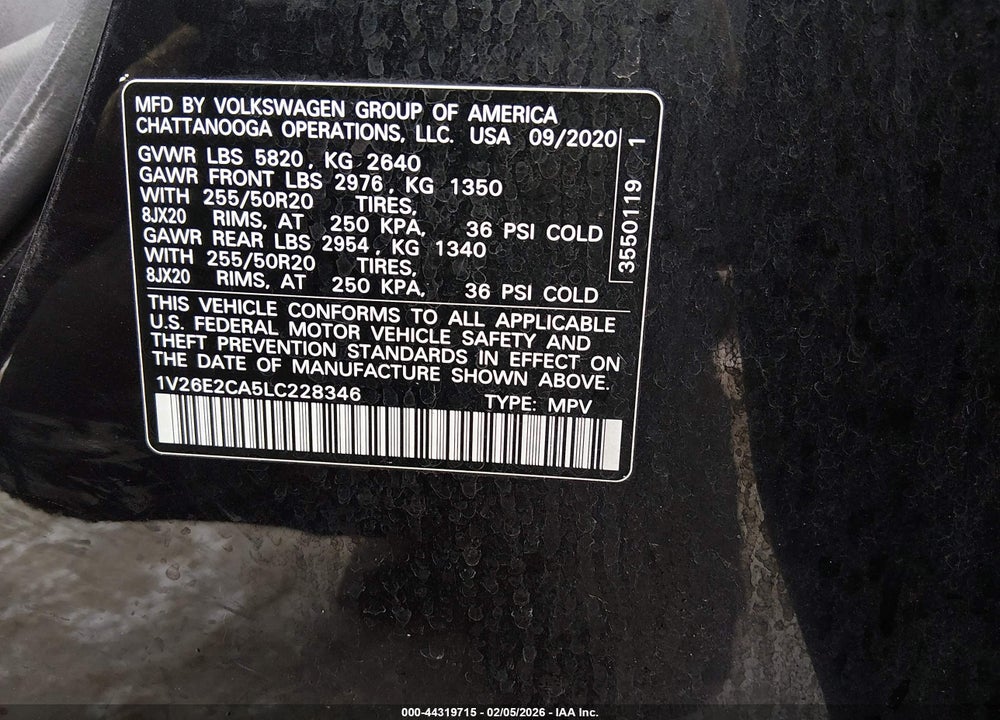 2020 VOLKSWAGEN ATLAS CROSS SPORT VIN: 1V26E2CA5LC228346