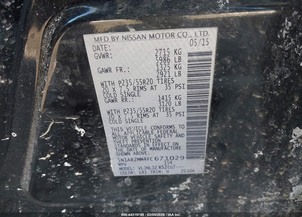 2015 NISSAN PATHFINDER PLATINUM VIN: 5N1AR2MM4FC671029