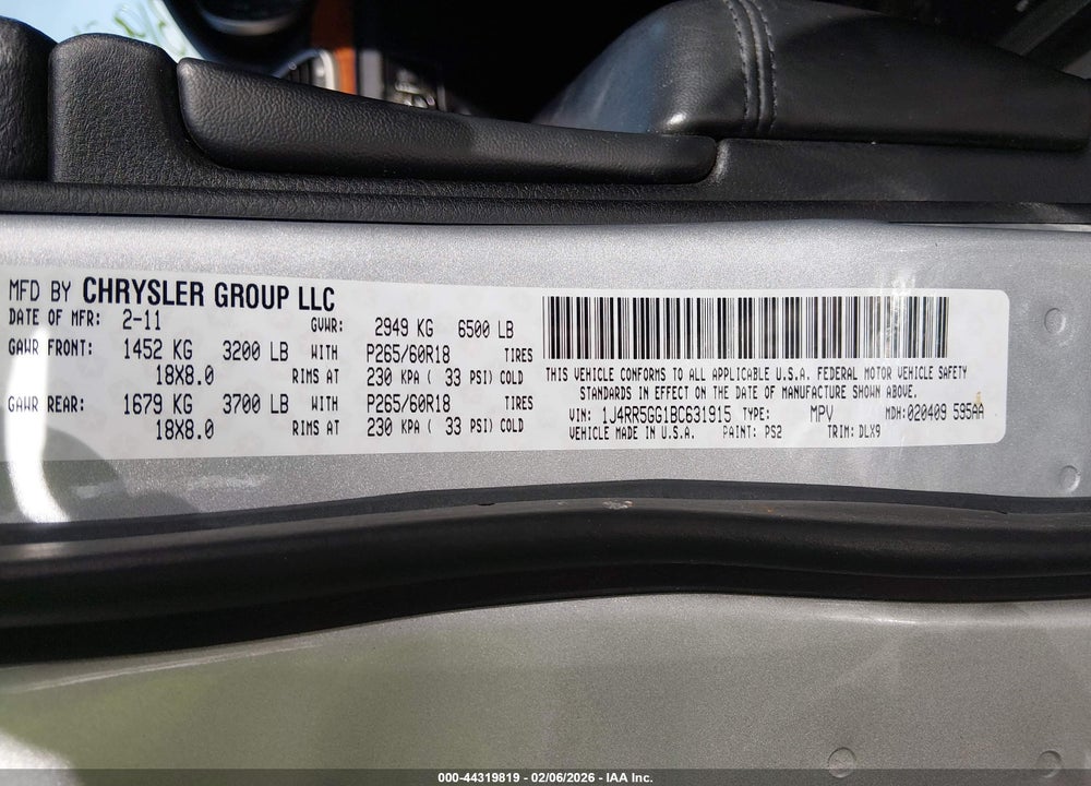 2011 JEEP GRAND CHEROKEE LIMITED VIN: 1J4RR5GG1BC631915
