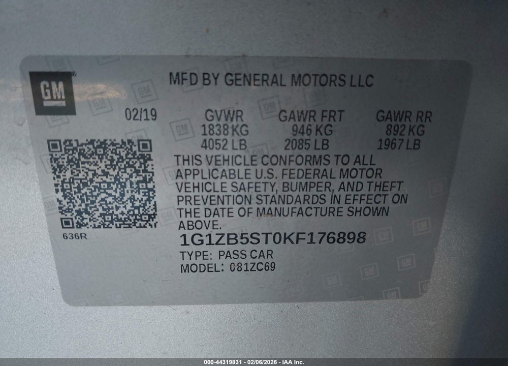 2019 CHEVROLET MALIBU 1LS VIN: 1G1ZB5ST0KF176898