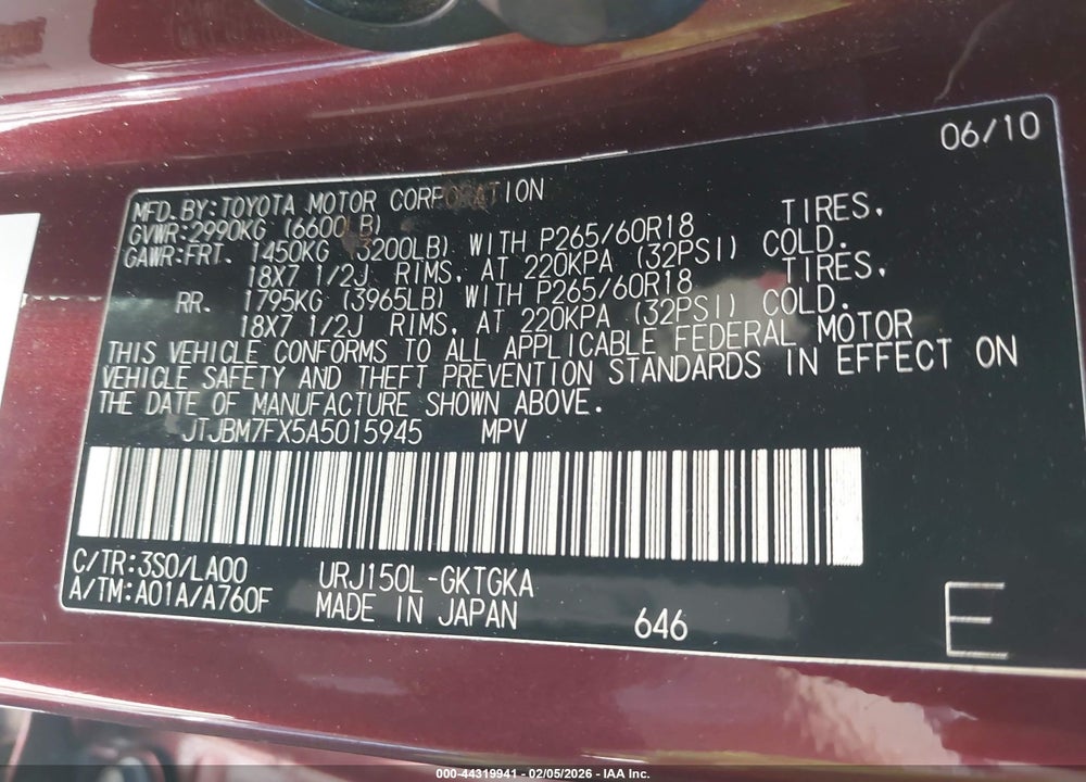 2010 LEXUS GX 460 VIN: JTJBM7FX5A5015945