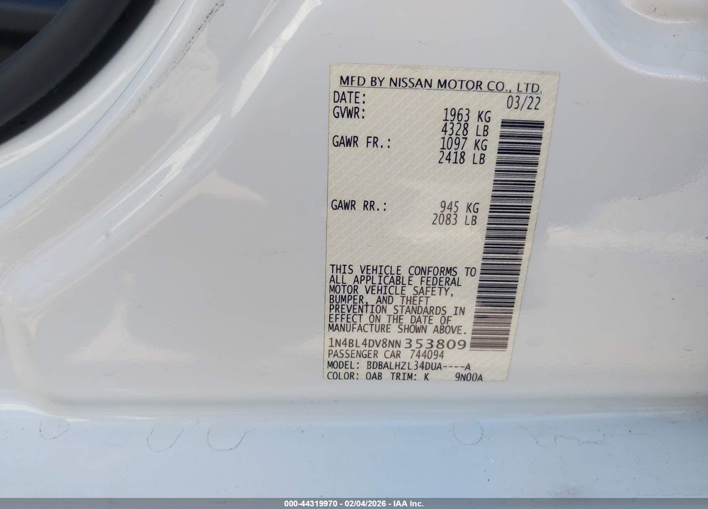 2022 NISSAN ALTIMA SV FWD VIN: 1N4BL4DV8NN353809