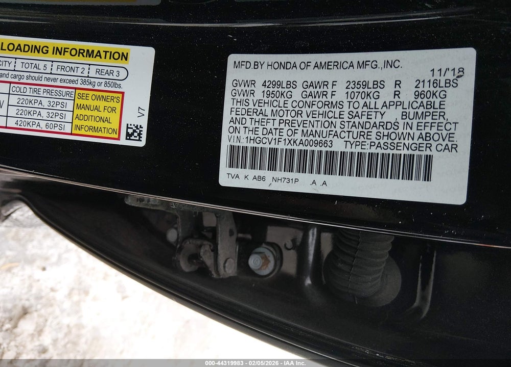 2019 HONDA ACCORD LX VIN: 1HGCV1F1XKA009663