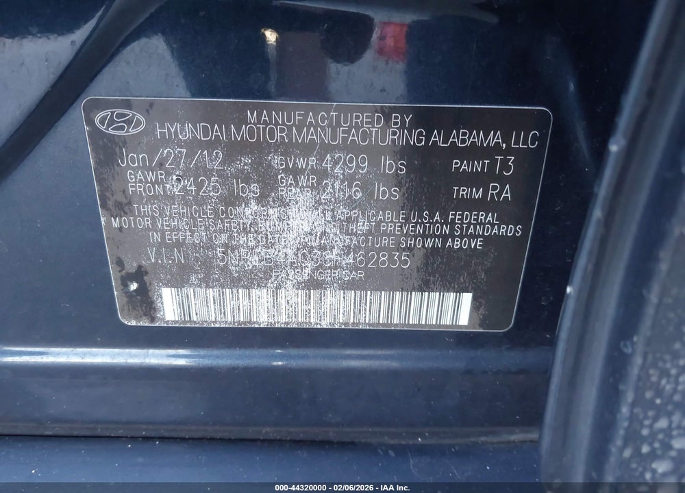 2012 HYUNDAI SONATA GLS VIN: 5NPEB4AC3CH462835