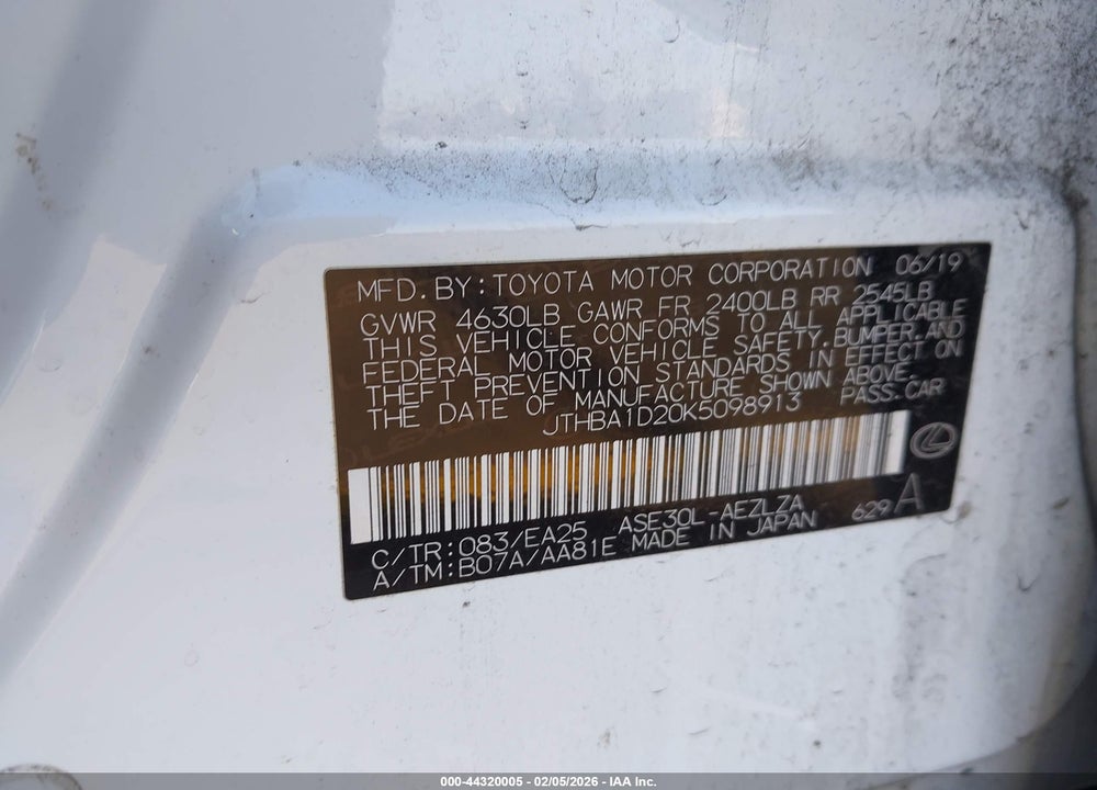 2019 LEXUS IS 300 VIN: JTHBA1D20K5098913