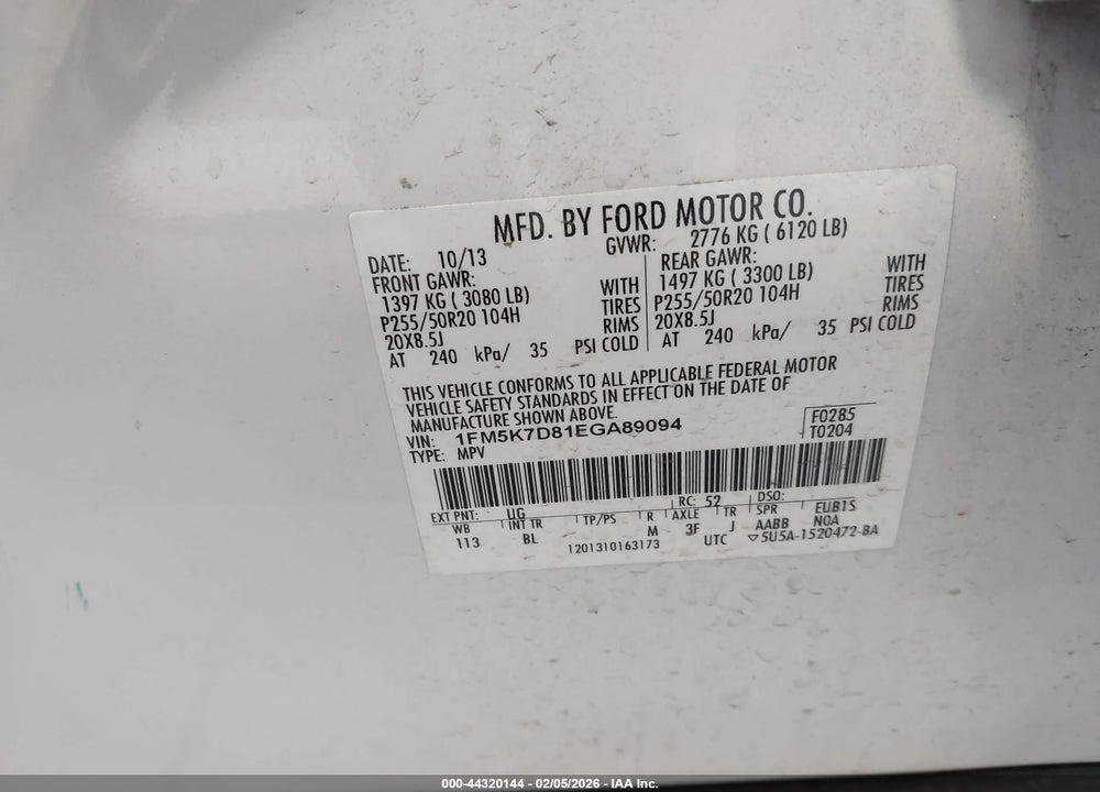 2014 FORD EXPLORER XLT VIN: 1FM5K7D81EGA89094
