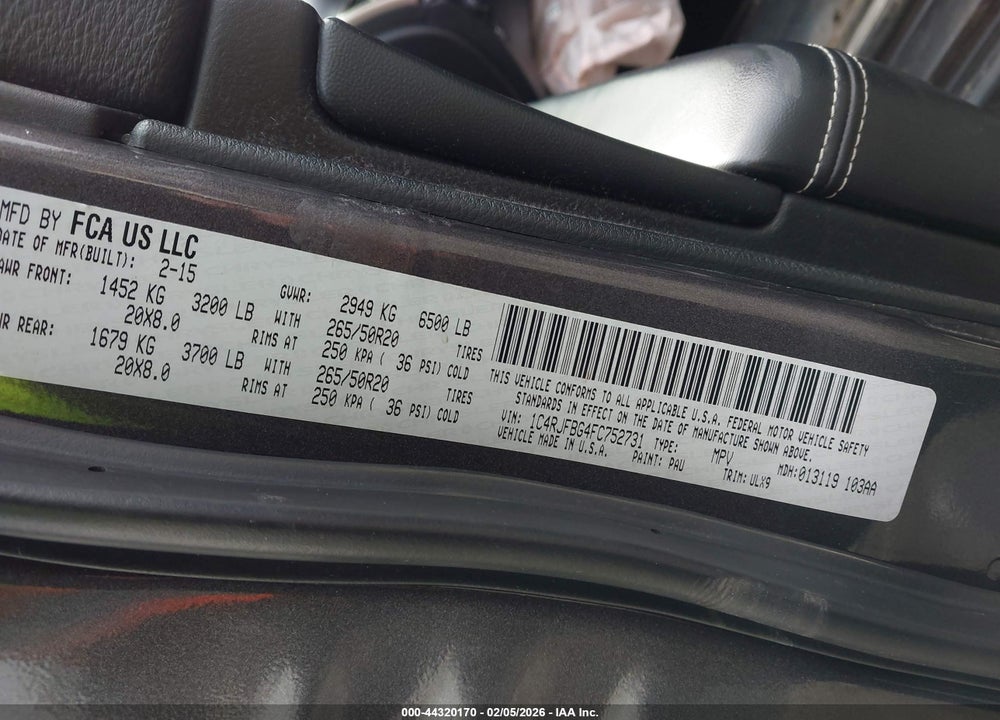 2015 JEEP GRAND CHEROKEE LIMITED VIN: 1C4RJFBG4FC752731