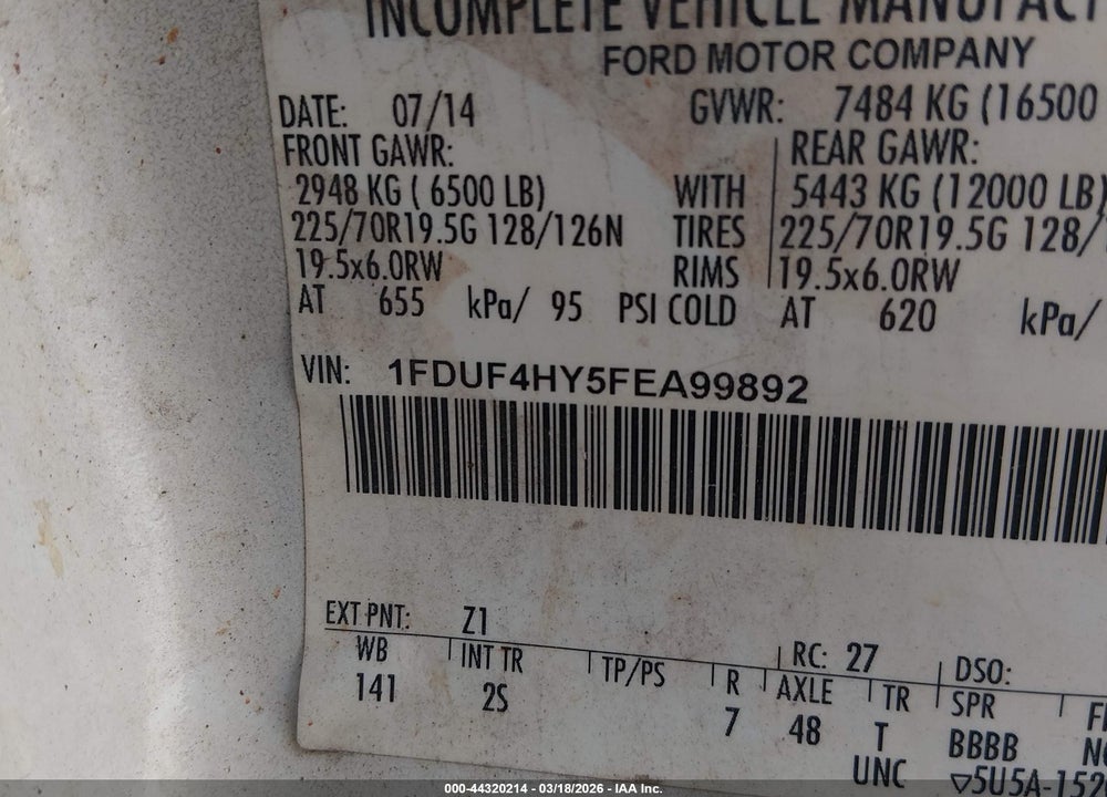 2015 FORD F-450 CHASSIS XL VIN: 1FDUF4HY5FEA99892