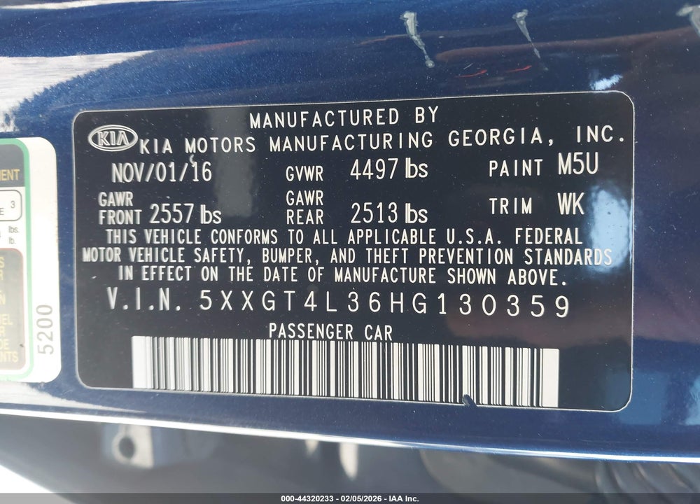 2017 KIA OPTIMA LX VIN: 5XXGT4L36HG130359