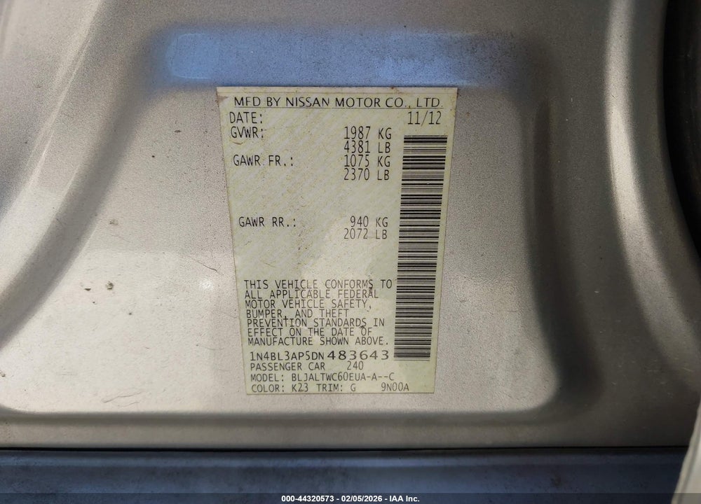 2013 NISSAN ALTIMA 3.5 SV VIN: 1N4BL3AP5DN483643
