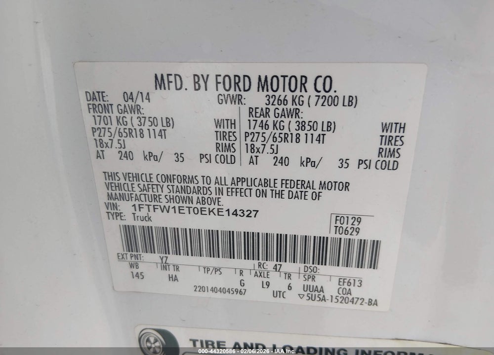 2014 FORD F-150 LARIAT VIN: 1FTFW1ET0EKE14327