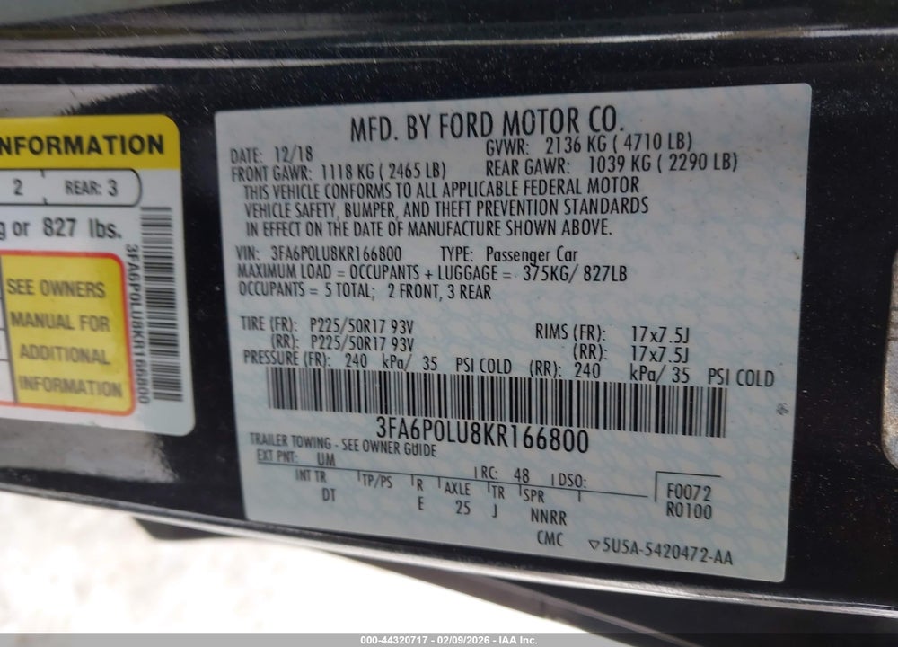 2019 FORD FUSION HYBRID SE VIN: 3FA6P0LU8KR166800