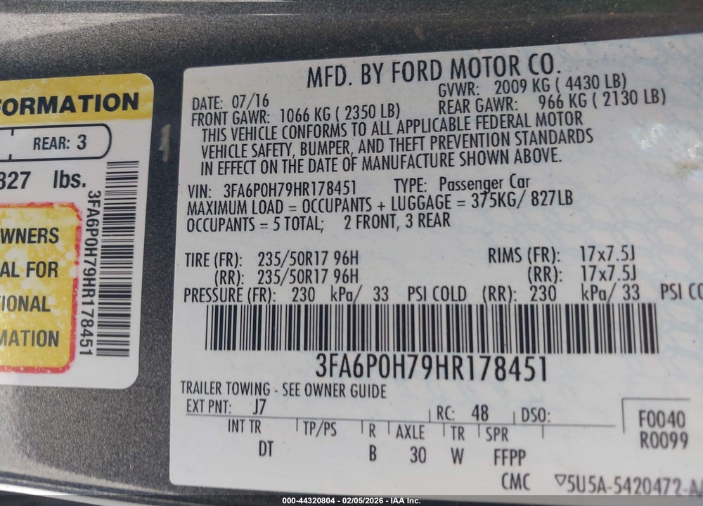 2017 FORD FUSION SE VIN: 3FA6P0H79HR178451