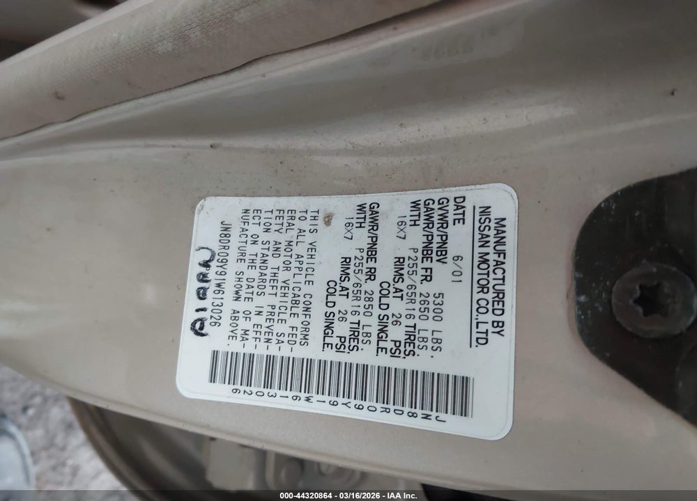 2001 NISSAN PATHFINDER SE VIN: JN8DR09Y91W613026