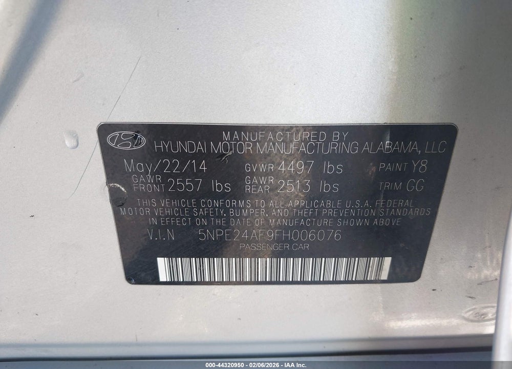 2015 HYUNDAI SONATA SE VIN: 5NPE24AF9FH006076