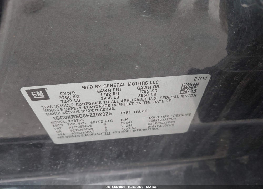 2014 CHEVROLET SILVERADO 1500 1LT VIN: 1GCVKREC0EZ252325