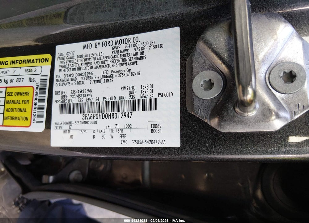 2017 FORD FUSION SE VIN: 3FA6P0HD0HR312947