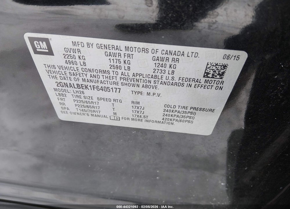 2015 CHEVROLET EQUINOX 1LT VIN: 2GNALBEK1F6405177