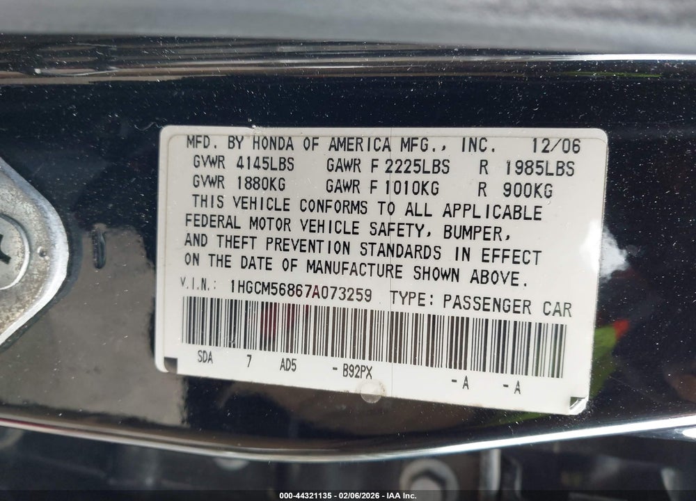 2007 HONDA ACCORD 2.4 EX VIN: 1HGCM56867A073259