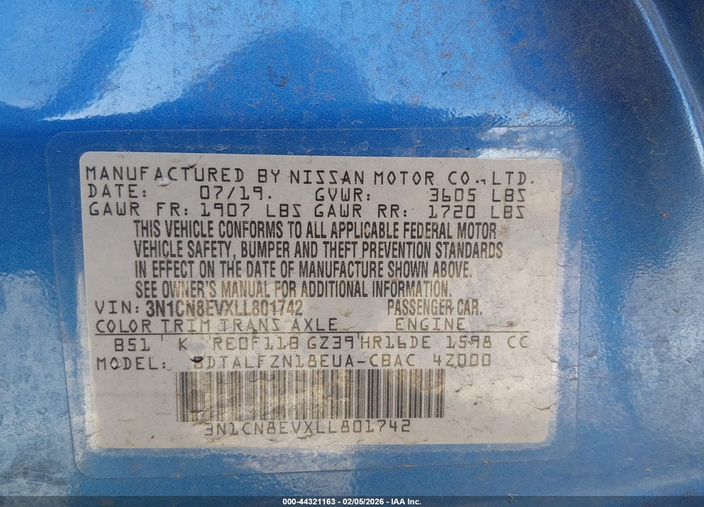 2020 NISSAN VERSA SV XTRONIC CVT VIN: 3N1CN8EVXLL801742