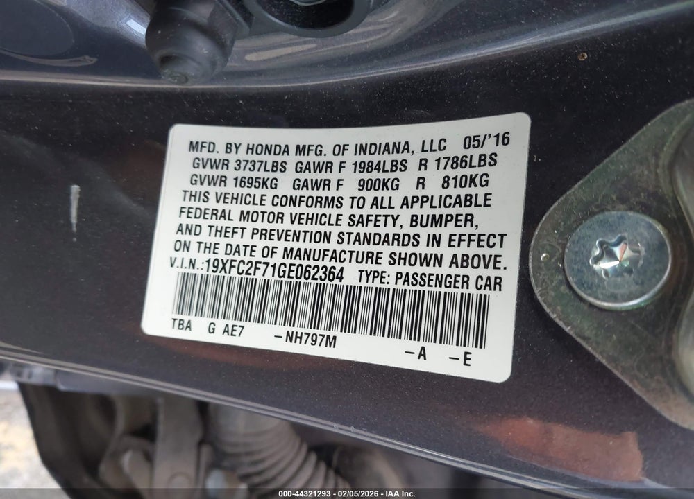 2016 HONDA CIVIC EX VIN: 19XFC2F71GE062364