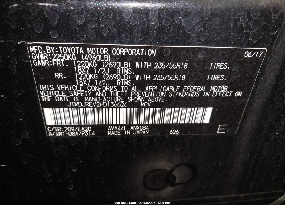 2017 TOYOTA RAV4 HYBRID LIMITED VIN: JTMDJREV2HD136626