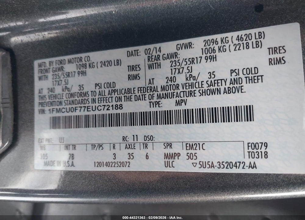 2014 FORD ESCAPE S VIN: 1FMCU0F77EUC72188