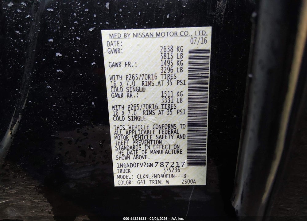 2016 NISSAN FRONTIER SV VIN: 1N6AD0EV2GN787217