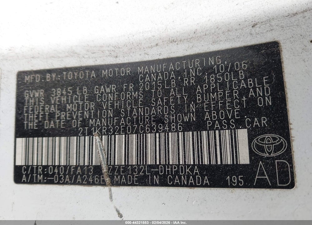2007 TOYOTA MATRIX VIN: 2T1KR32E07C639486