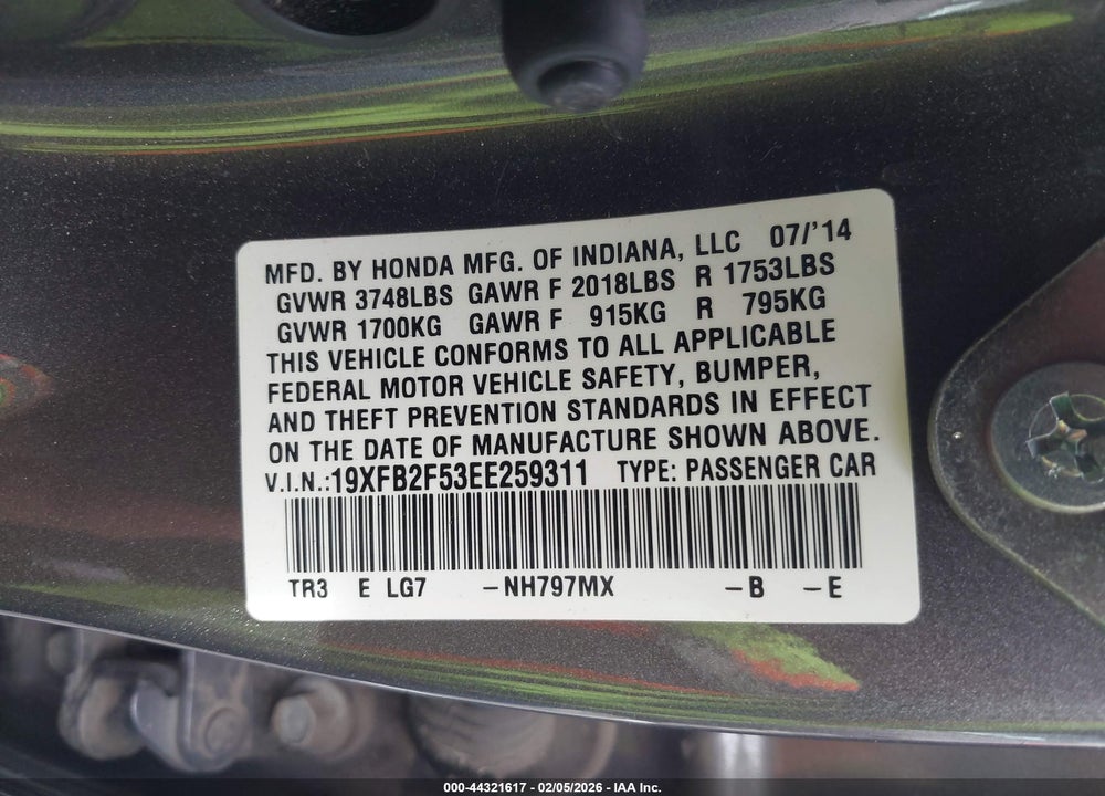 2014 HONDA CIVIC LX VIN: 19XFB2F53EE259311