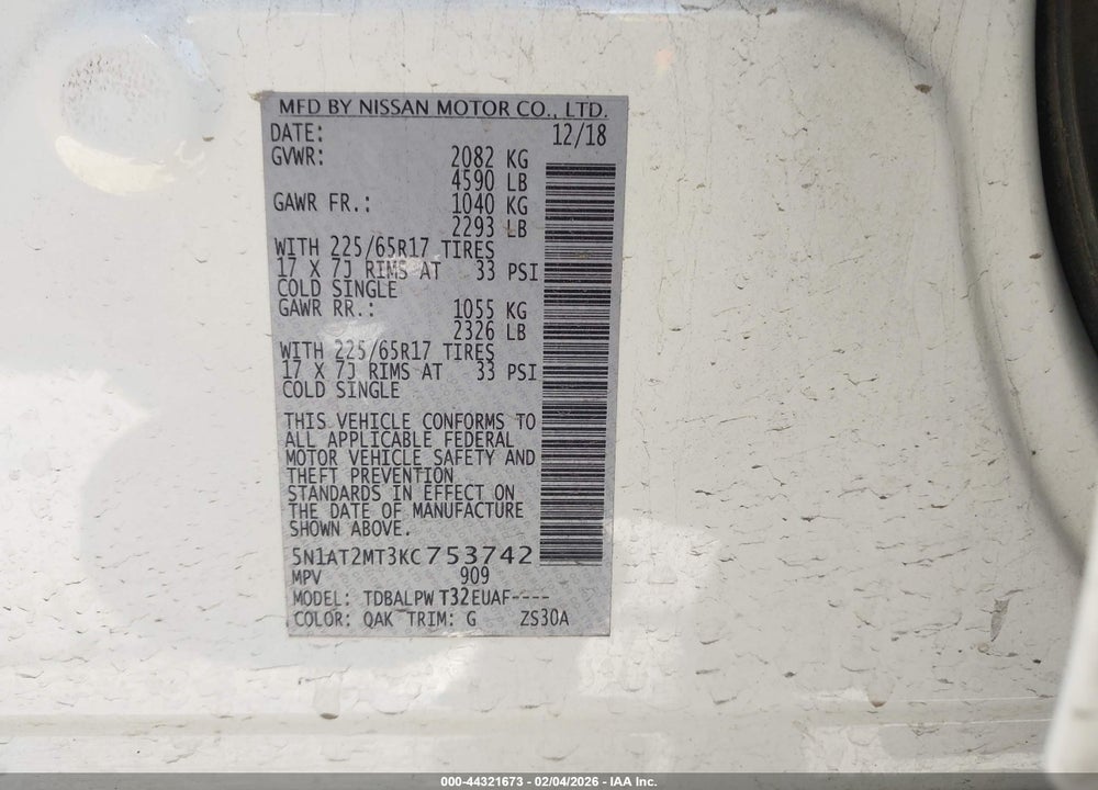 2019 NISSAN ROGUE S VIN: 5N1AT2MT3KC753742