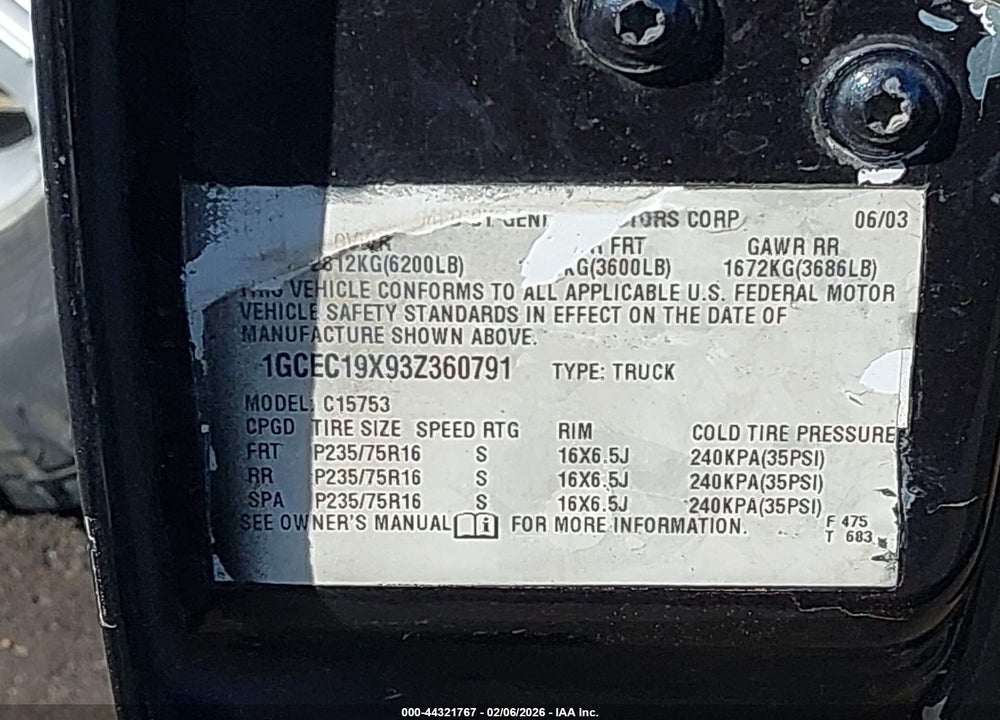 2003 GMC SIERRA 1500HD SLT VIN: 1GTGK13U93F226312