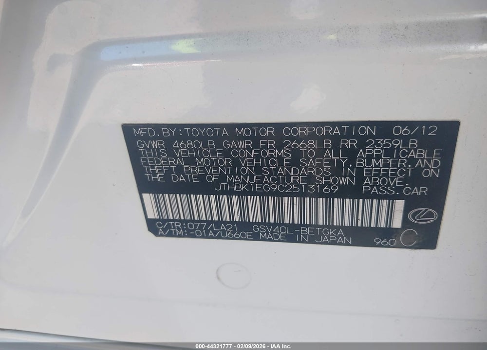 2012 LEXUS ES 350 VIN: JTHBK1EG9C2513169