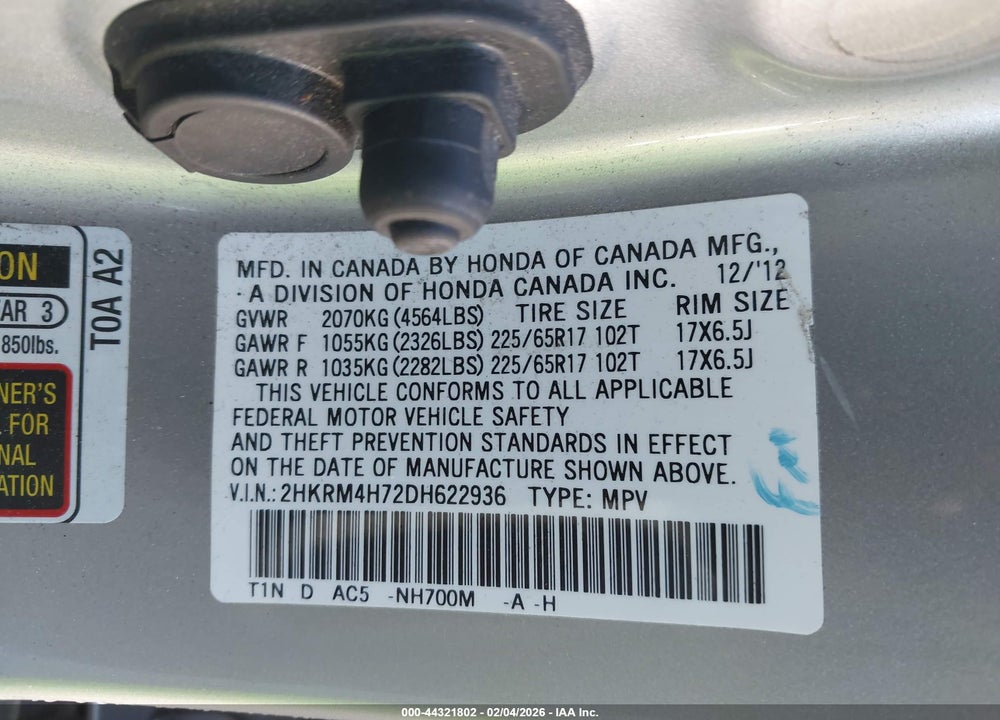 2013 HONDA CR-V EX-L VIN: 2HKRM4H72DH622936
