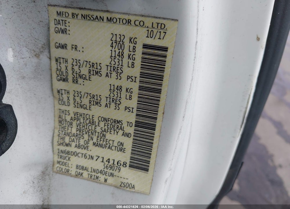 2018 NISSAN FRONTIER S VIN: 1N6BD0CT6JN714168