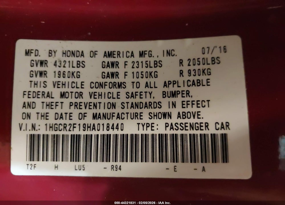 2017 HONDA ACCORD VIN: 1HGCR2F19HA018440