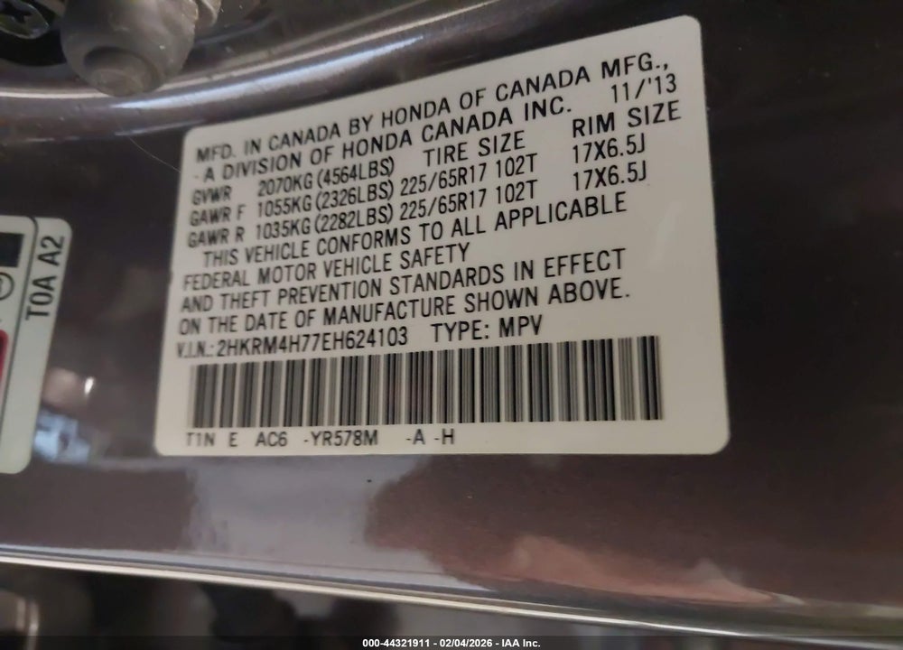 2014 HONDA CR-V EX-L VIN: 2HKRM4H77EH624103