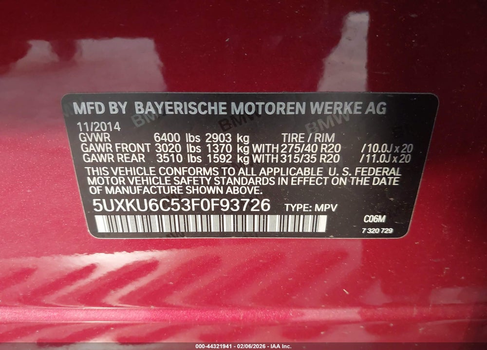 2015 BMW X6 XDRIVE50I VIN: 5UXKU6C53F0F93726