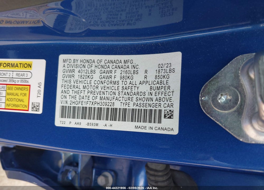 2023 HONDA CIVIC EX/EX W/O BSI VIN: 2HGFE1F7XPH309228
